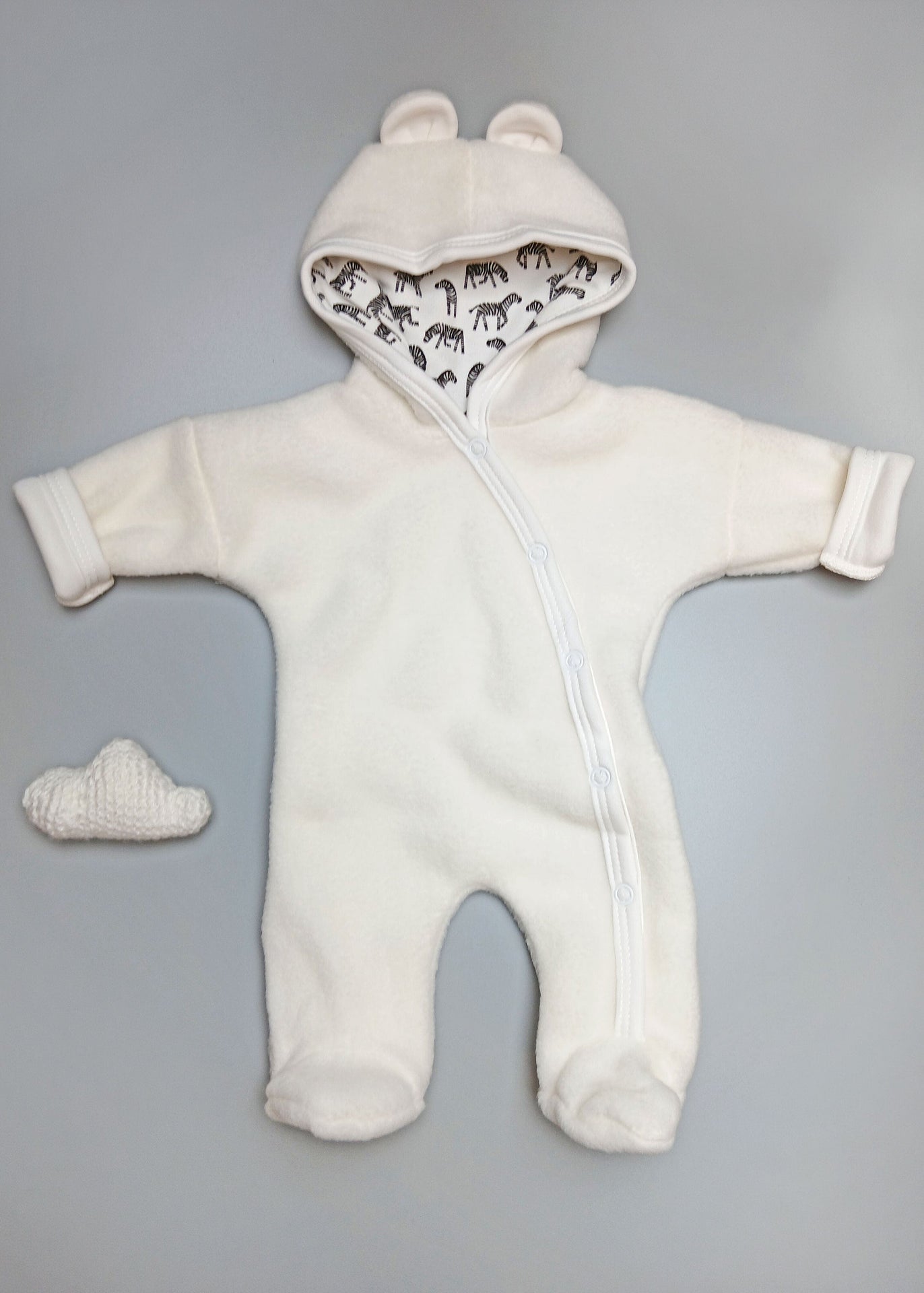 Tiny & Small - Fleece Pramsuit - Cream with Zebra Fabric Hood Snowsuit / Pramsuit Tiny & Small