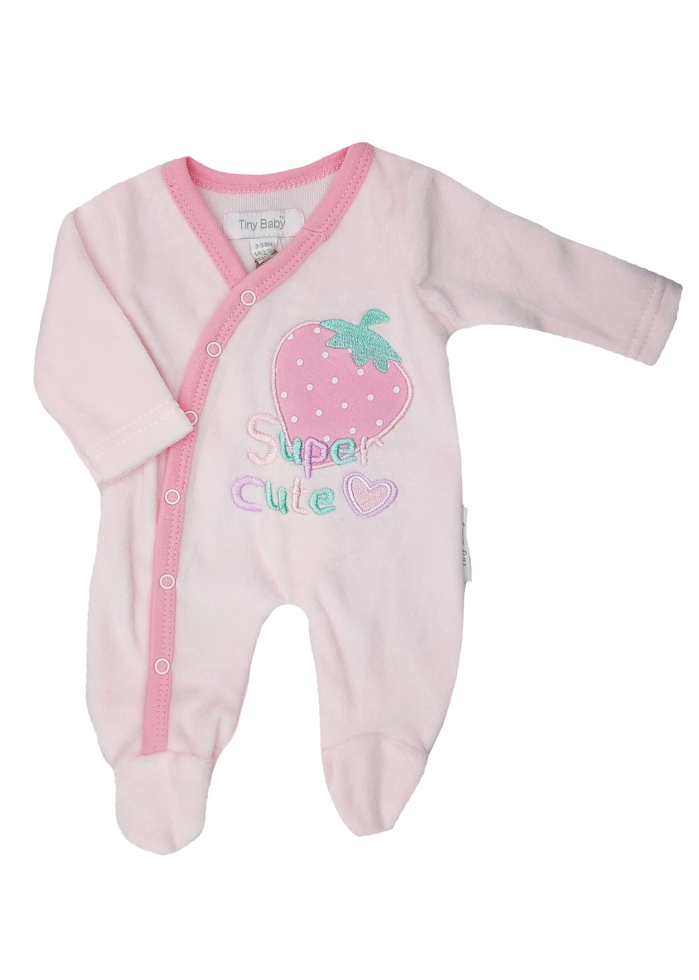 Velour 'Super Cute' Strawberry Sleepsuit - Pink Sleepsuit / Babygrow Tiny Baby