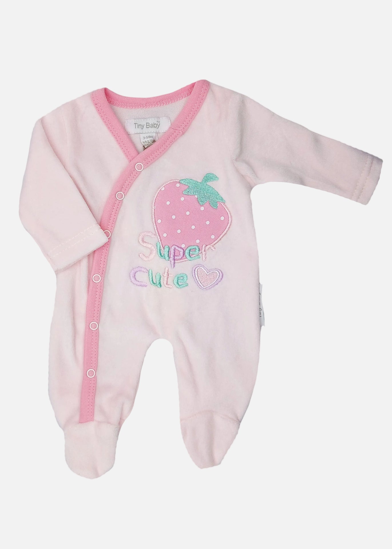 Velour 'Super Cute' Strawberry Sleepsuit - Pink Sleepsuit / Babygrow Tiny Baby