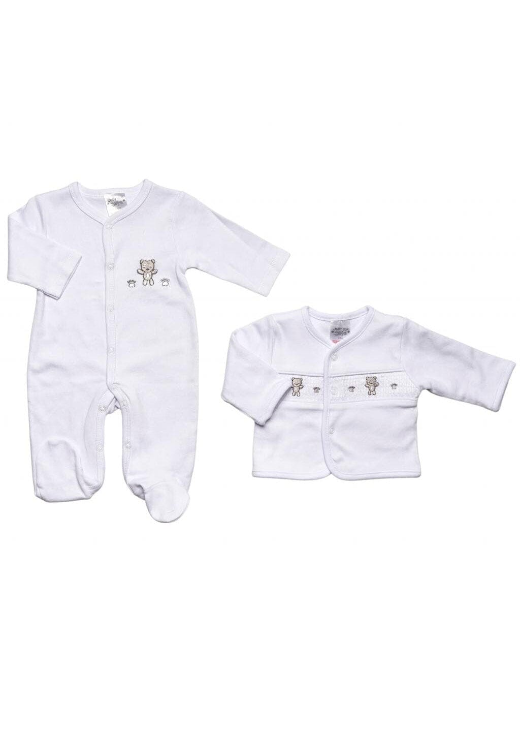 Teddy smocked 2 piece outfit for early babies by Just Too Cute