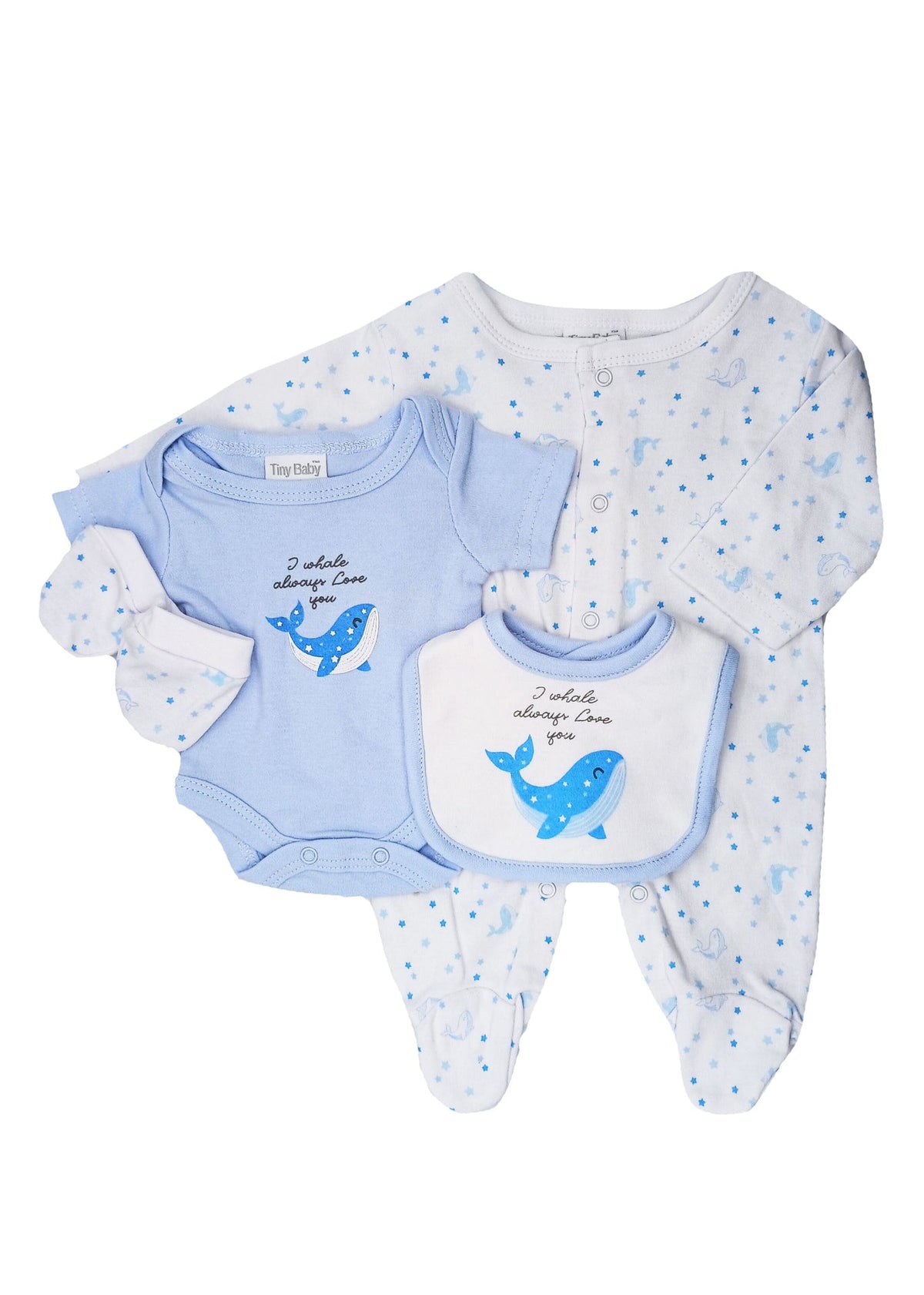 Blue Whale 4 Piece Gift Set: Sleepsuit, vest, mitts & bib (3-5lbs & 5-8lbs) Set Tiny Baby