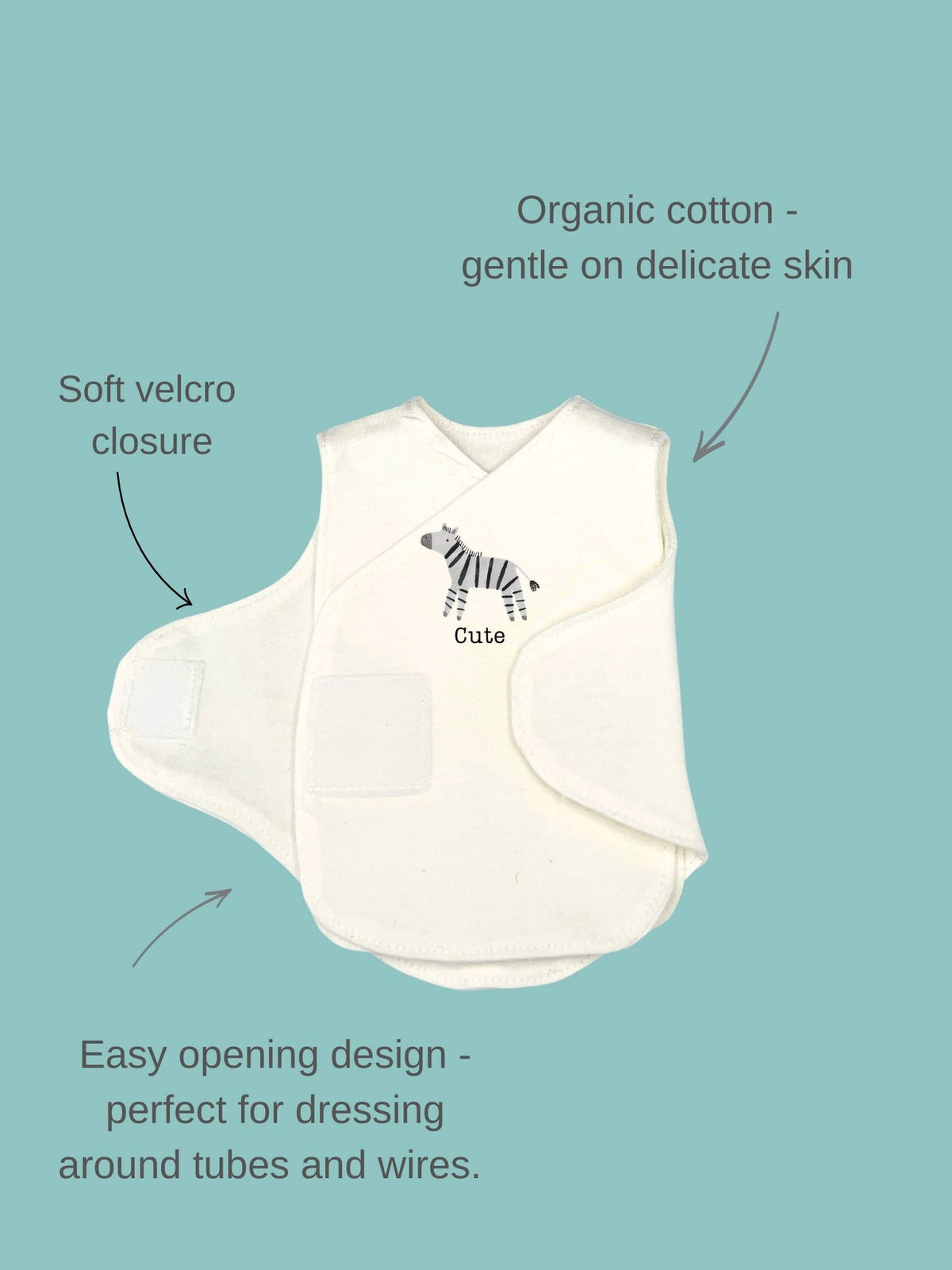 Zebra organic cotton incubator vest and knotted hat set, lifestyle shot