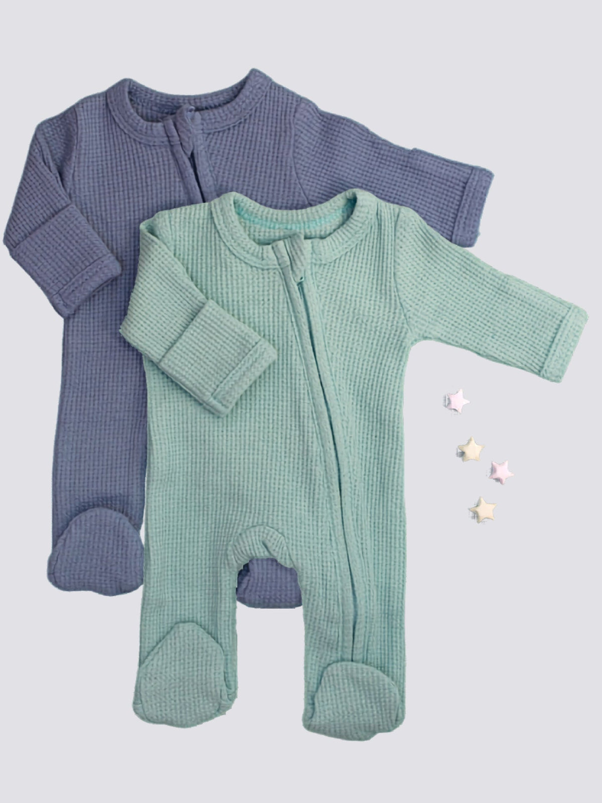 2 pack waffle zip sleepsuits with fold-over mitts in blue and mint by Little Dreamer
