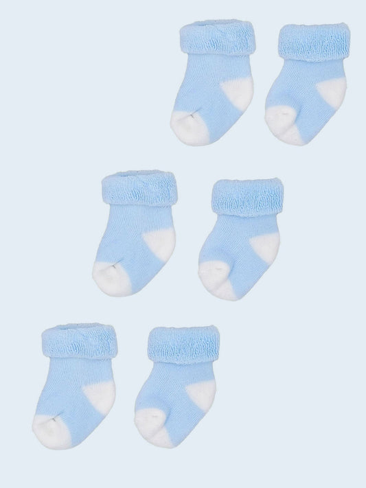 Set of three pairs of socks: Blue Body & Cream Toes and Heels Stay on Towelling Premature Baby Socks