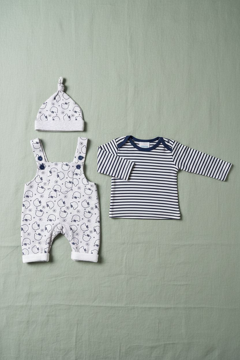 Teddy Prince 3 Piece Gift Set - Grey/Blue : Dungarees, Top & Hat Outfit Just too Cute 