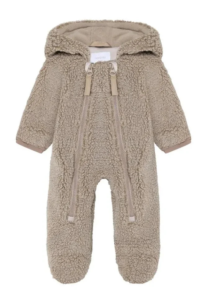 A baby's full-body fleece footed onesie in a warm taupe-beige color, featuring a hood with drawstrings and front zipper closures, shown against a plain white background.