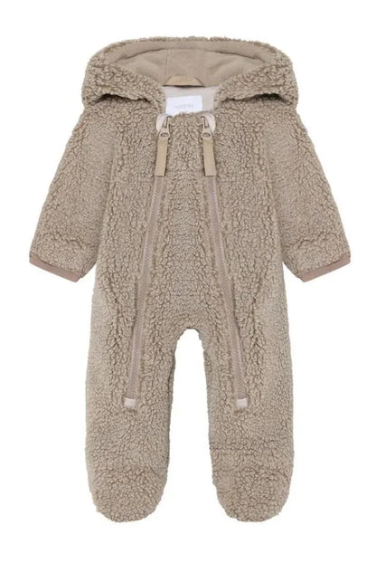 A baby's full-body fleece footed onesie in a warm taupe-beige color, featuring a hood with drawstrings and front zipper closures, shown against a plain white background.