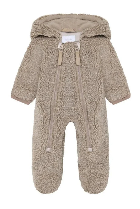 A baby's full-body fleece footed onesie in a warm taupe-beige color, featuring a hood with drawstrings and front zipper closures, shown against a plain white background.