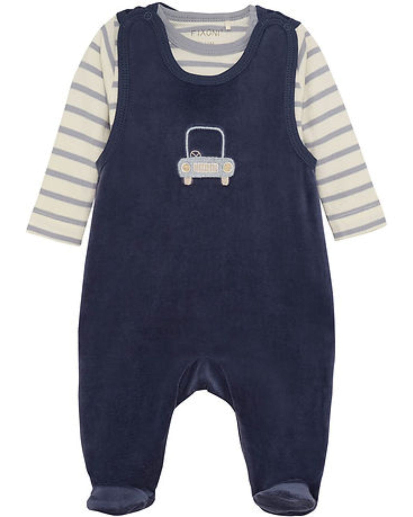 Navy Blue and Car Organic Cotton Velour Dungarees & Bodysuit Outfit Fixoni 