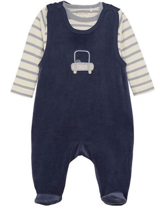 Navy Blue and Car Organic Cotton Velour Dungarees & Bodysuit Outfit Fixoni 