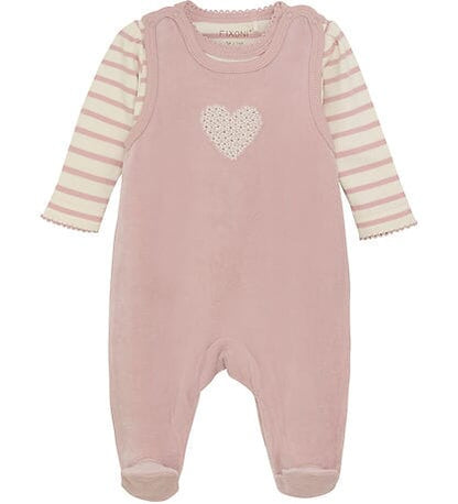 Dusky Pink and Heart Organic Cotton Velour Dungarees & Bodysuit Outfit Fixoni 