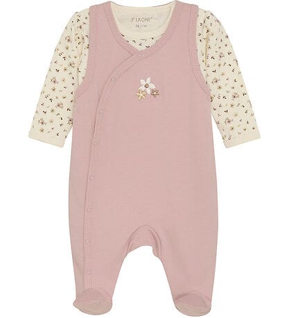 Dusky Pink Flowery Organic Cotton Dungarees & Bodysuit Outfit Fixoni 