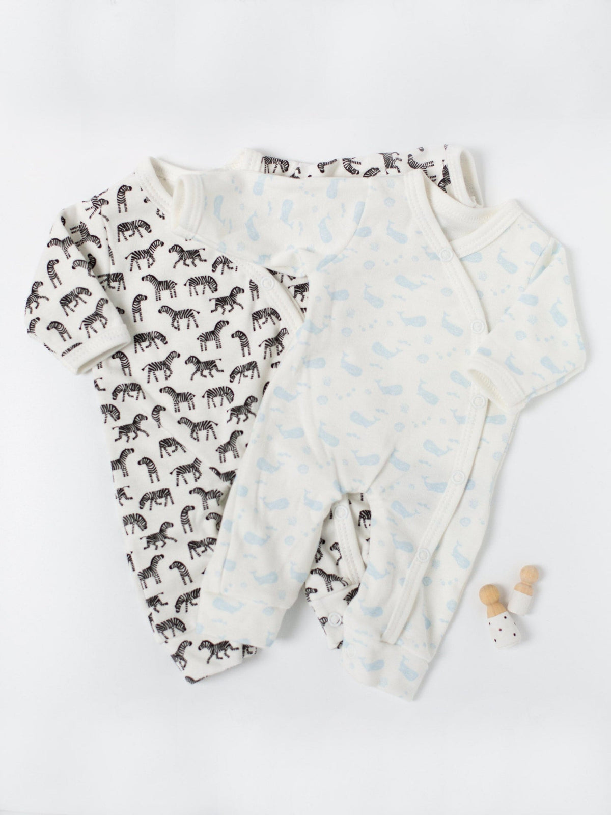2 pack organic cotton sleepsuits — ocean blue and little zebras print by Tiny & Small