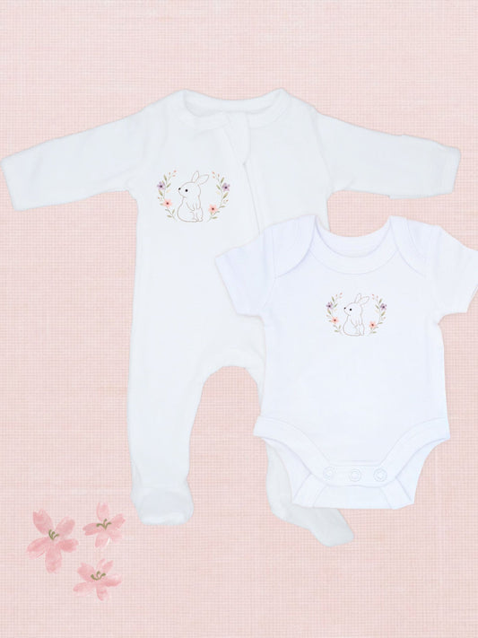Bunny Sleepsuit (100% cotton) & Bunny White Vest (100% organic cotton). 