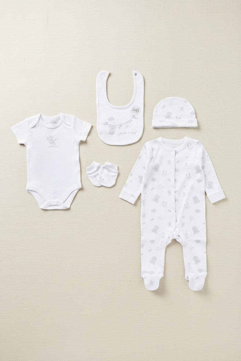 'Hello Baby Teddy Bear' 5 Piece Layette Gift Set - 3 sizes. Rock a Bye Baby