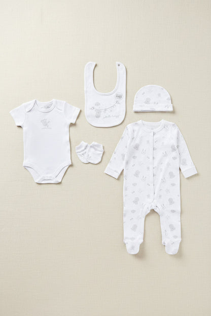 'Hello Baby Teddy Bear' 5 Piece Layette Gift Set - 3 sizes. Rock a Bye Baby