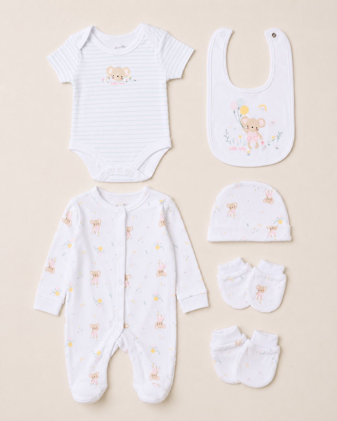 "Hello Baby" Mouse and Balloon 5 Piece Layette Gift Set - 3 sizes. Set Rock a Bye Baby 