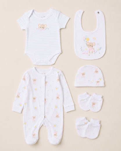 "Hello Baby" Mouse and Balloon 5 Piece Layette Gift Set - 3 sizes. Set Rock a Bye Baby 