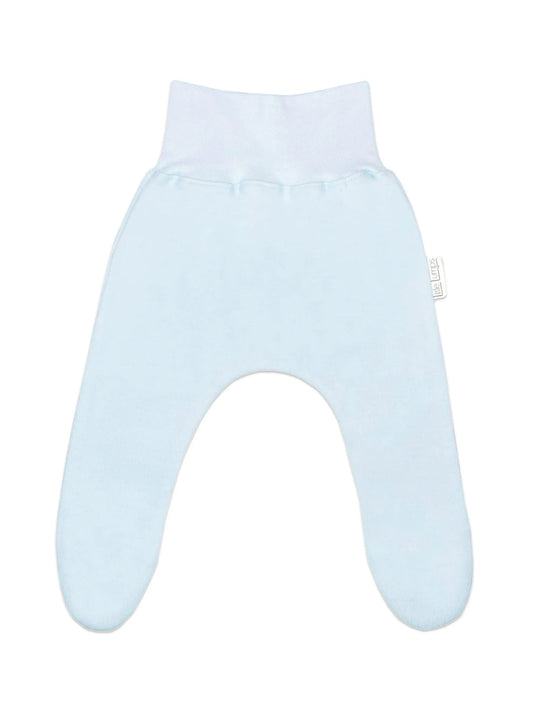 Blue cotton footed leggings for tiny babies by Little Lumps, front view