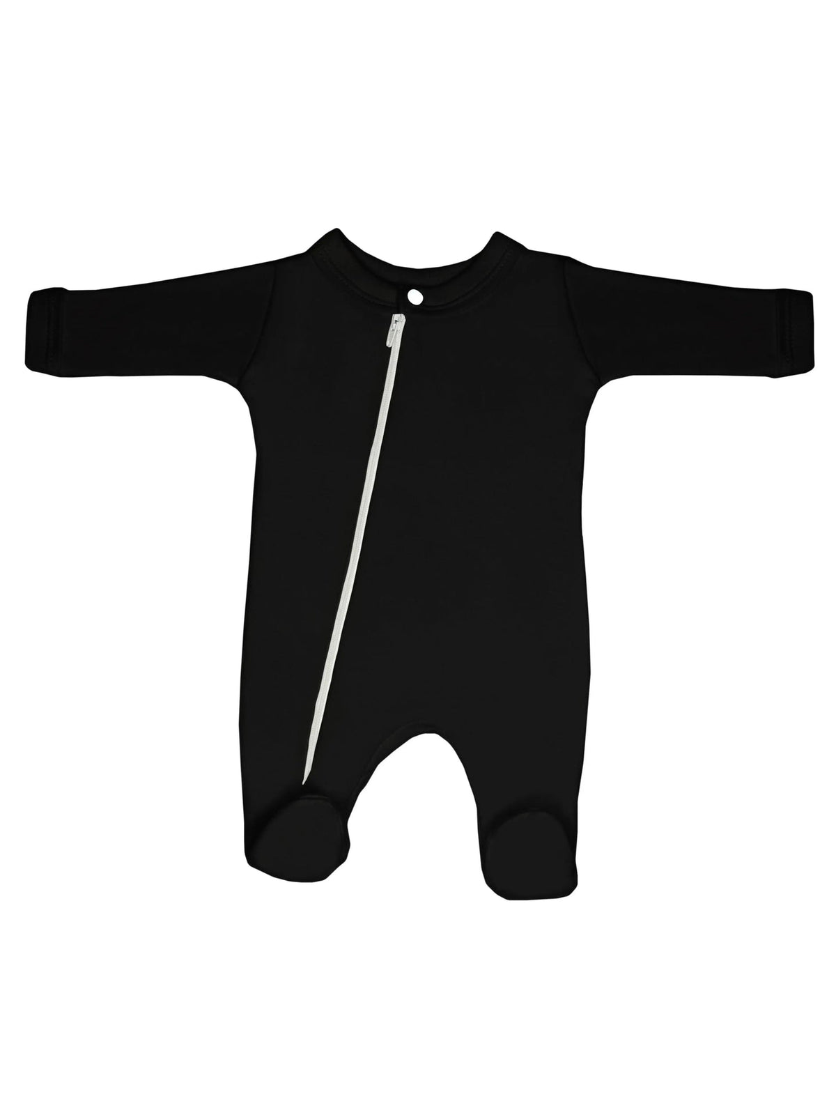 Black cotton footed zip-up sleepsuit for tiny babies by Little Lumps, front view