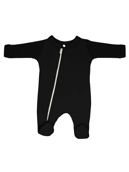 Black cotton footed zip-up sleepsuit for tiny babies by Little Lumps, front view