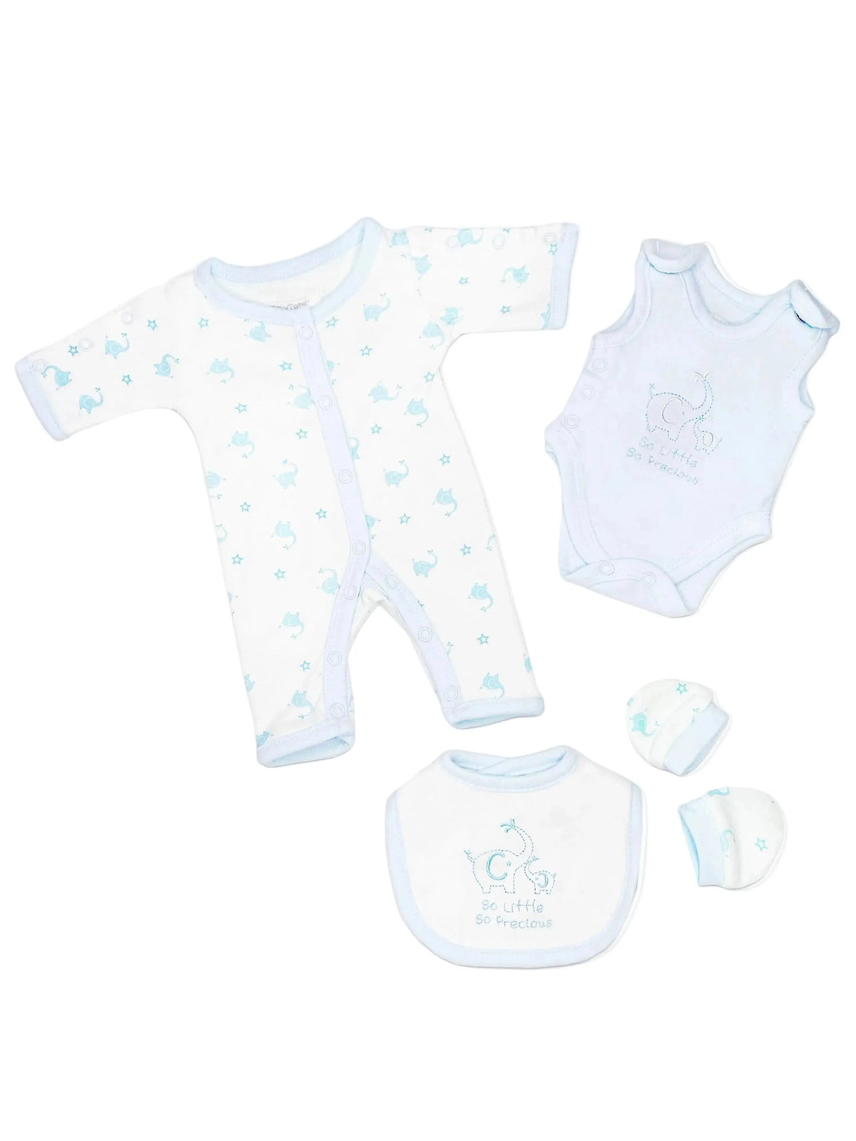 Blue Elephant 4 Piece Set - Sleepsuit, Vest, Bib & Mitts Outift Tiny Chick 
