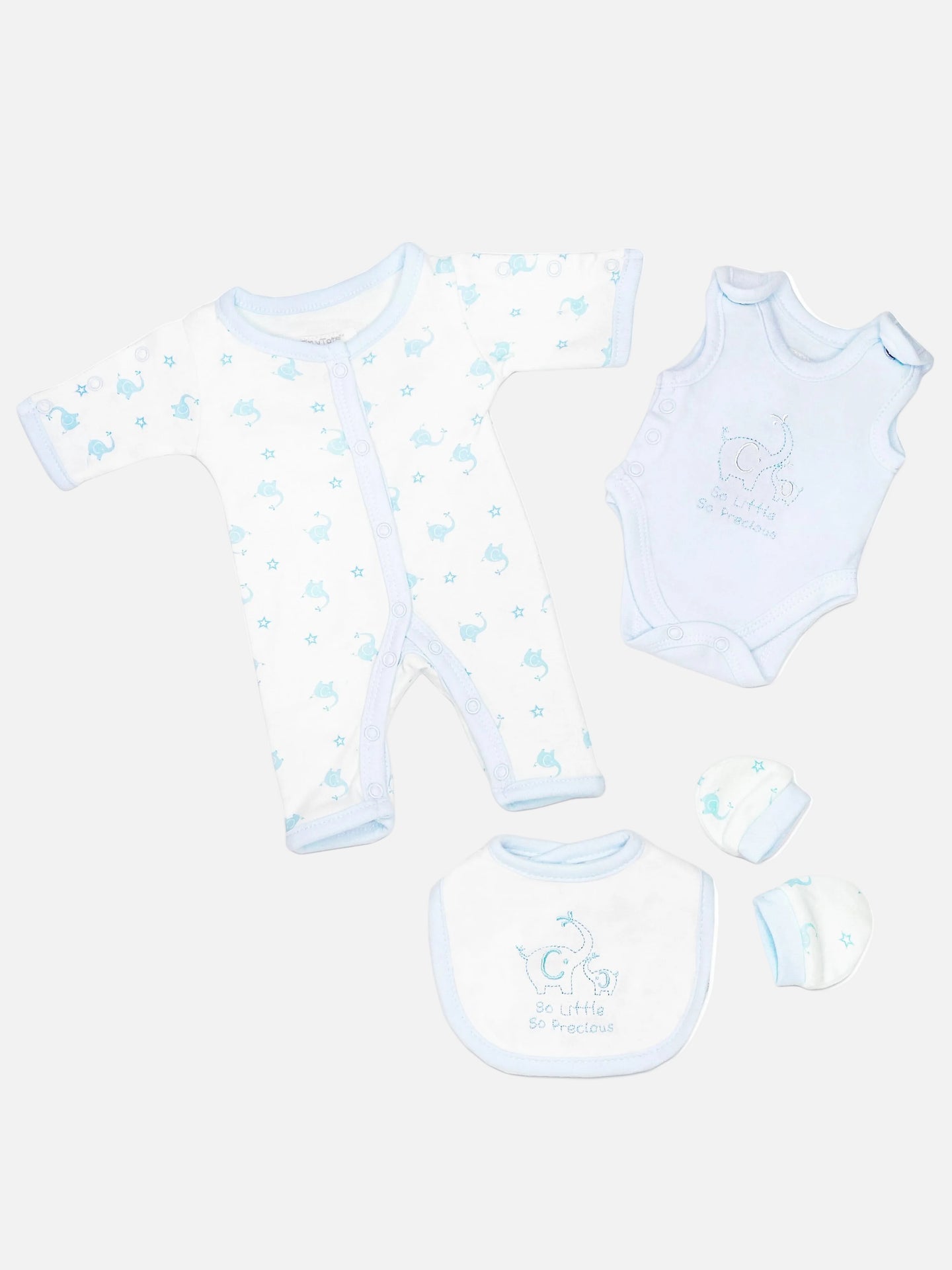 Blue Elephant 4 Piece Set - Sleepsuit, Vest, Bib & Mitts Outift Tiny Chick 