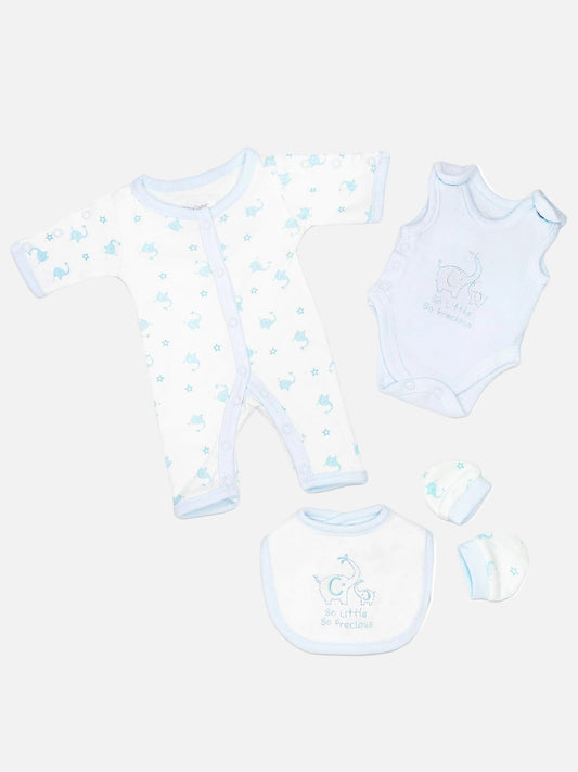 Blue Elephant 4 Piece Set - Sleepsuit, Vest, Bib & Mitts Outift Tiny Chick 