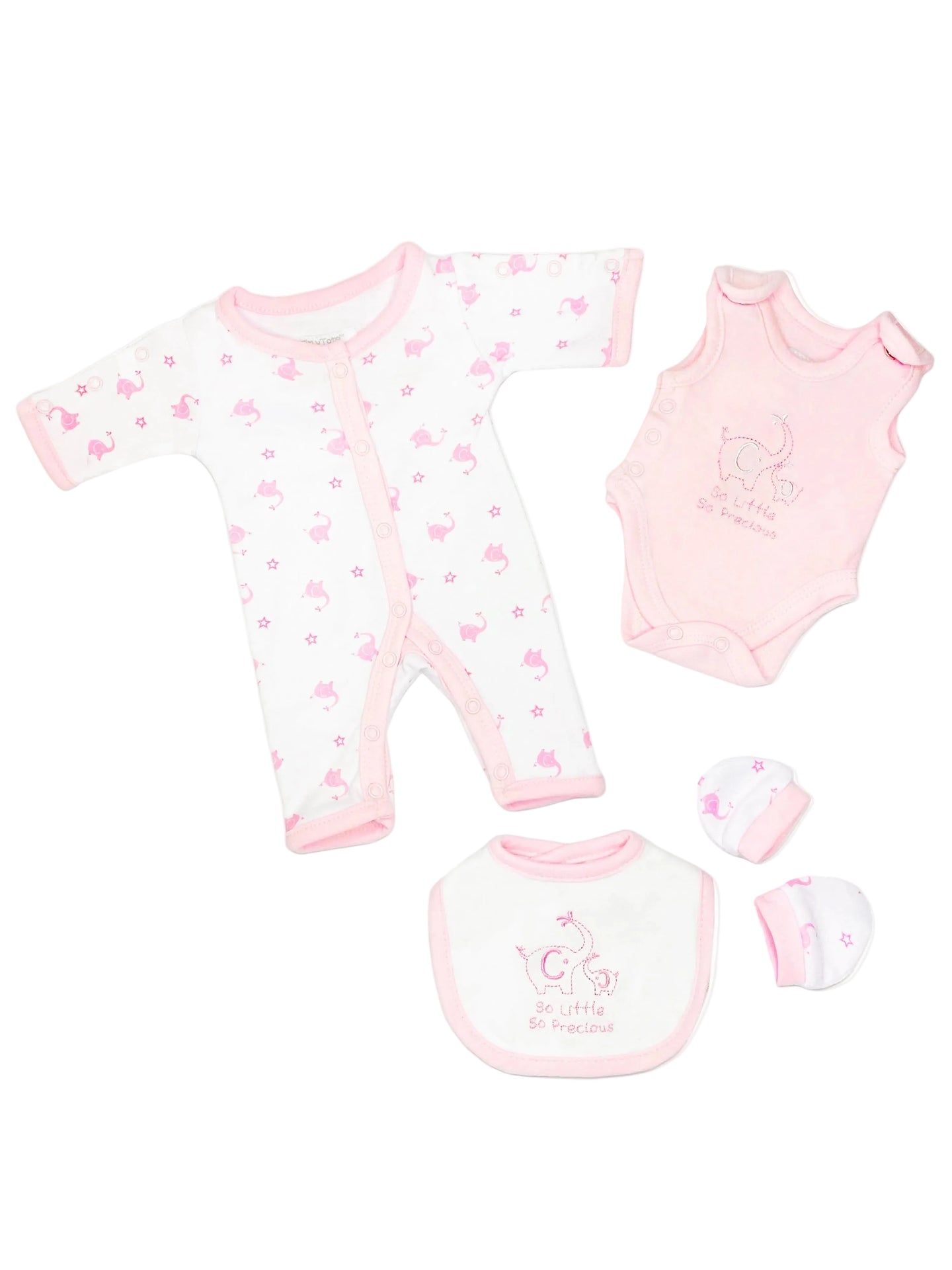 Pink Elephant 4 Piece Set - Sleepsuit, Vest, Bib & Mitts Outift Tiny Chick 