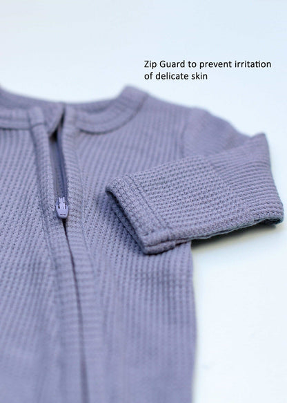 Zipped premature baby sleepsuit with fold-over mitts in blue, back view