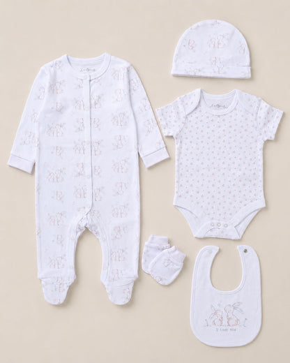 "I Love You" Rabbit design 5 Piece Layette Gift Set - 3 sizes. Set Rock a Bye Baby 