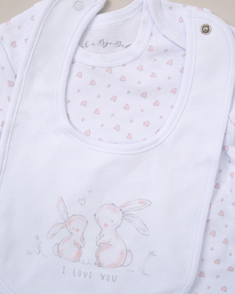 "I Love You" Rabbit design 5 Piece Layette Gift Set - 3 sizes. Set Rock a Bye Baby 