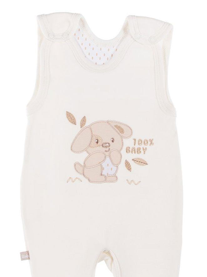 Early Baby Footed Dungarees, Embroidered Puppy Design - Cream EEVI