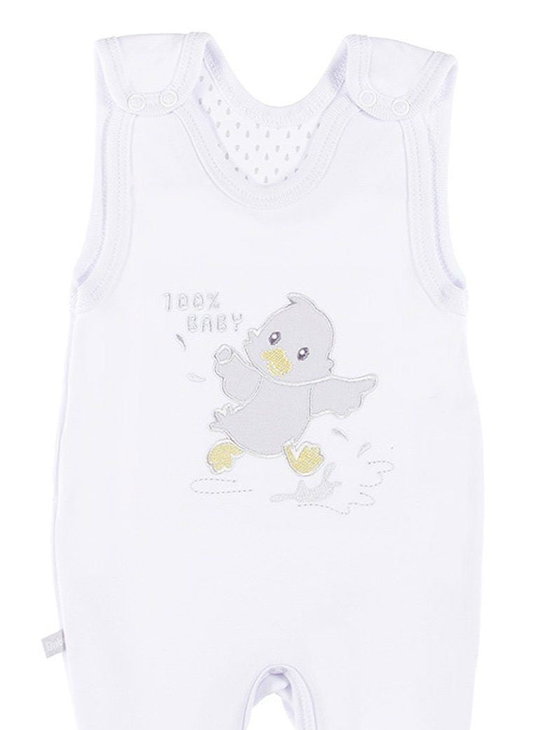Early Baby Footed Dungarees, Embroidered Chick Design - White EEVI