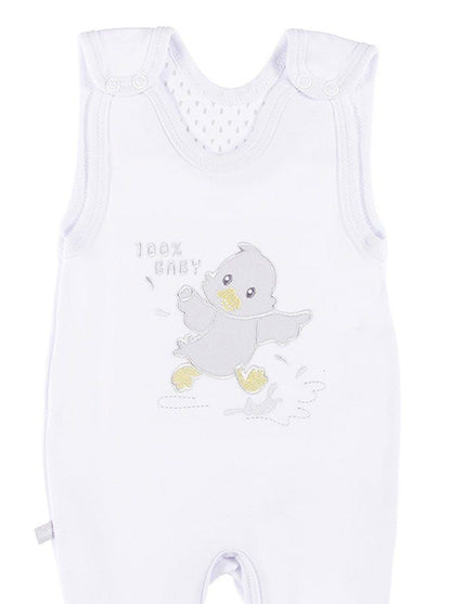 Early Baby Footed Dungarees, Embroidered Chick Design - White EEVI