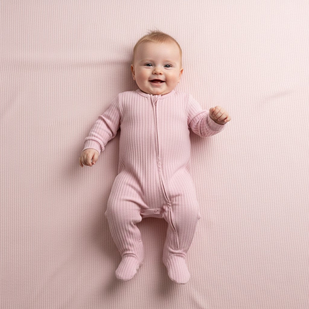 Dusky Pink Ribbed Sleepsuit - 100% Cotton Sleepsuit / Babygrow Soft Touch 