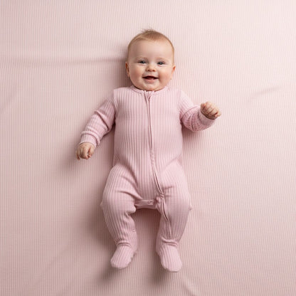 Dusky Pink Ribbed Sleepsuit - 100% Cotton Sleepsuit / Babygrow Soft Touch 