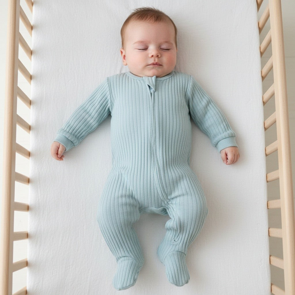 Sage Green Ribbed Sleepsuit - 100% Cotton Sleepsuit / Babygrow Soft Touch 