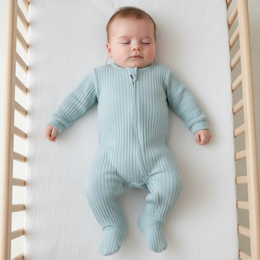 Sage Green Ribbed Sleepsuit - 100% Cotton Sleepsuit / Babygrow Soft Touch 