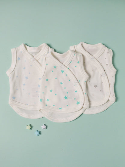 3 Pack - Star Incubator Vests - Blue, Mint & Silver Stars, 100% Organic Cotton Set/Multipack Tiny & Small 