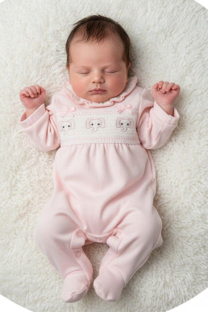 Baby Pink Smocked "Elephant" All In One Sleepsuit / Babygrow Tiny Chick 