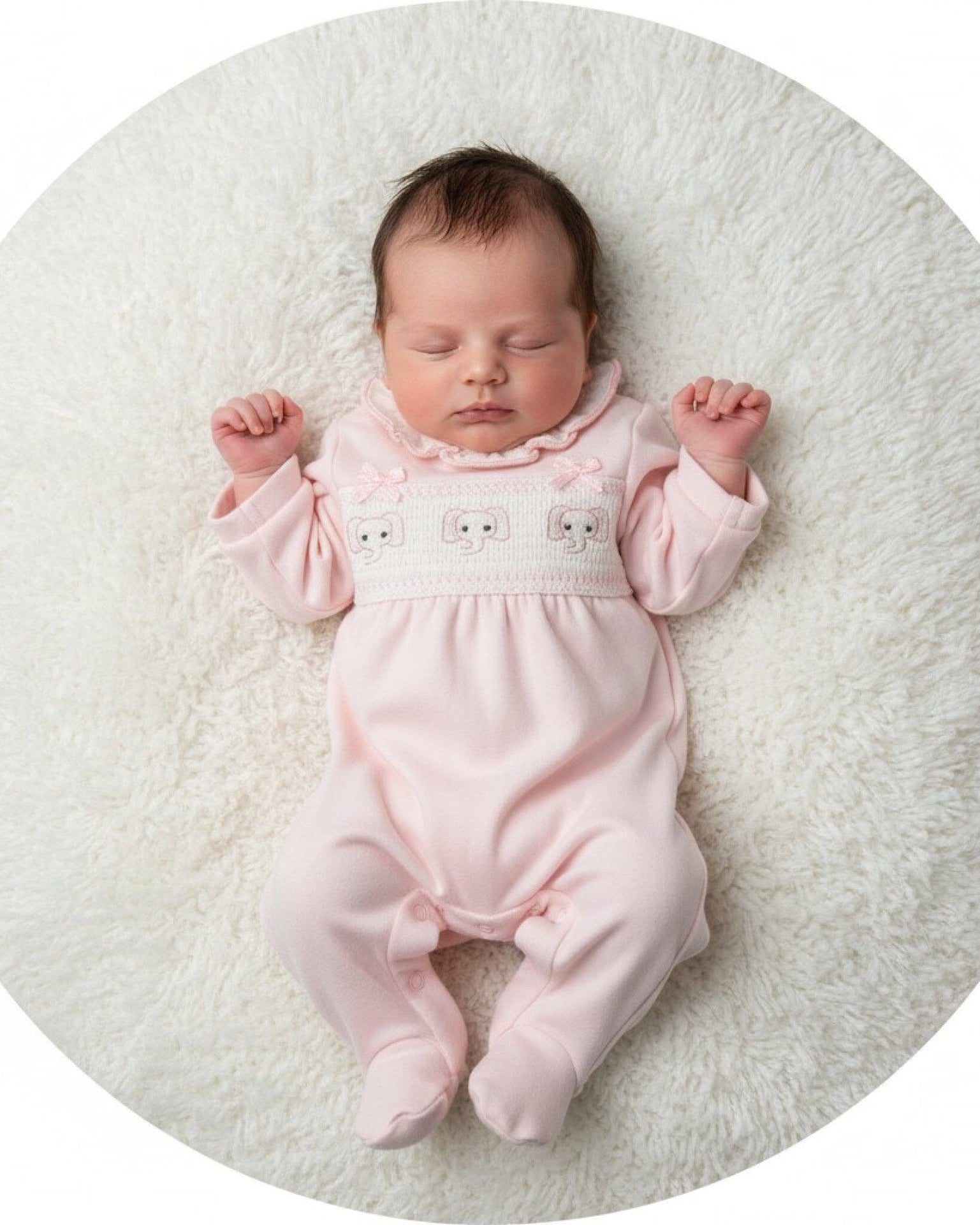 Baby Pink Smocked "Elephant" All In One Sleepsuit / Babygrow Tiny Chick 