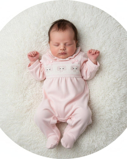 Baby Pink Smocked "Elephant" All In One Sleepsuit / Babygrow Tiny Chick 