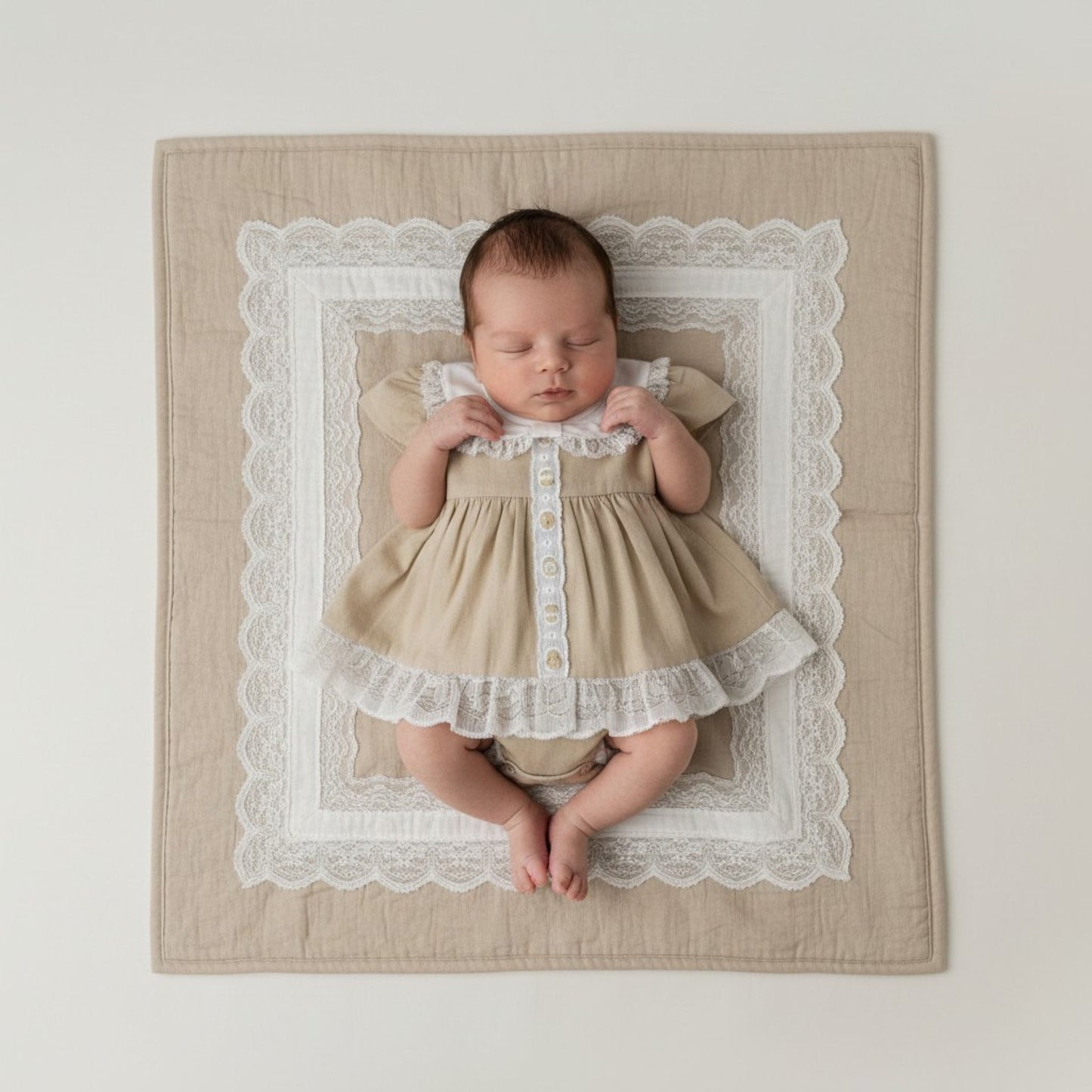 Premature Taupe Baby Lace and Linen Dress Set Dress Tiny Chick 