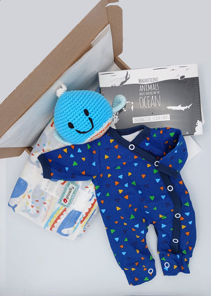 A nod to the Ocean Gift Box with Outfit - Toy, Muslin, Flash Cards & Sleepsuit Little Mouse Baby Clothing & Gifts