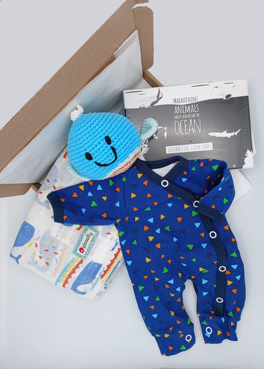 A nod to the Ocean Gift Box with Outfit - Toy, Muslin, Flash Cards & Sleepsuit Little Mouse Baby Clothing & Gifts