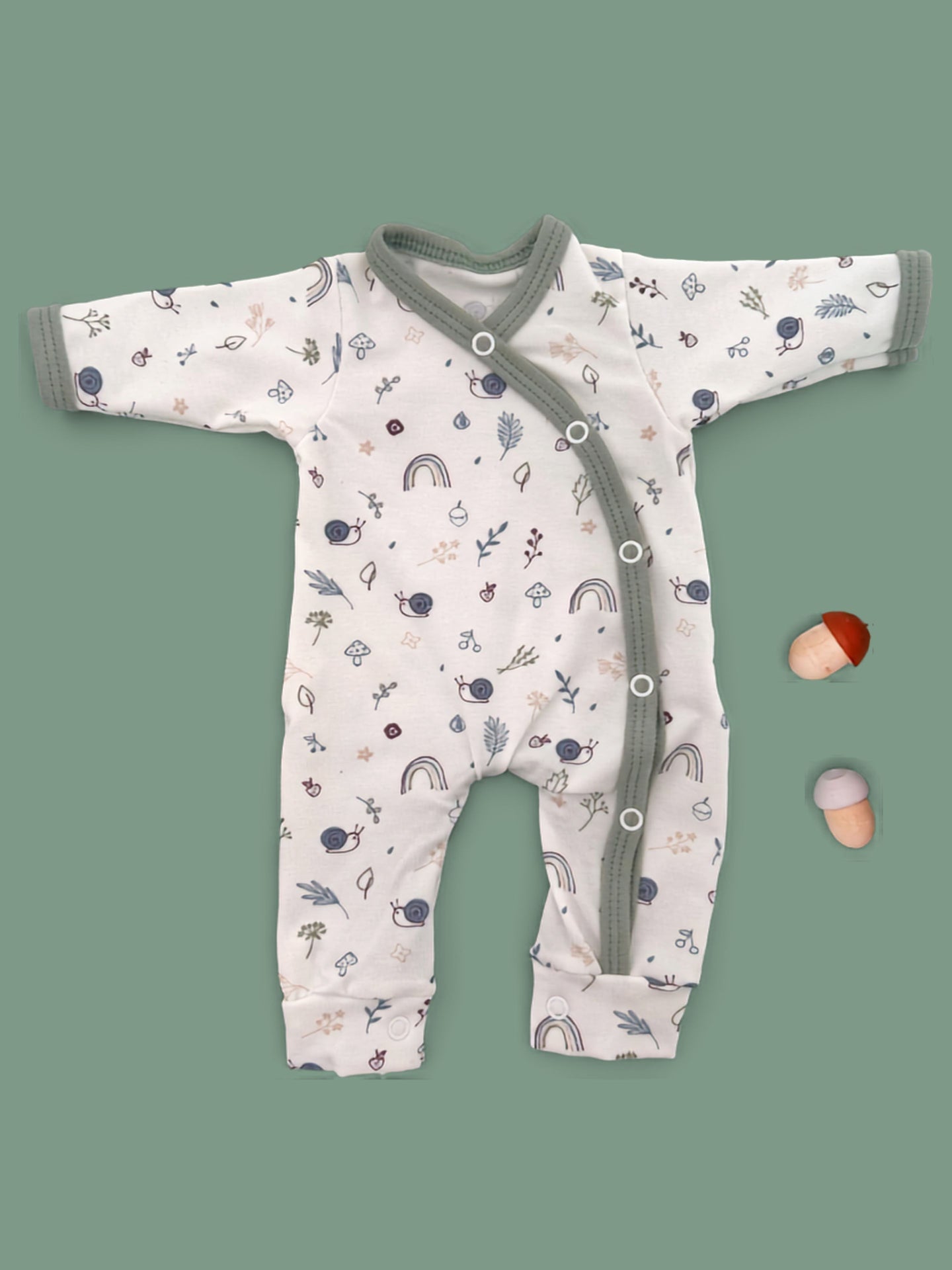 Prem Baby Sleepsuit, Acorn Wood - Khaki Trim Sleepsuit / Babygrow Tiny & Small 