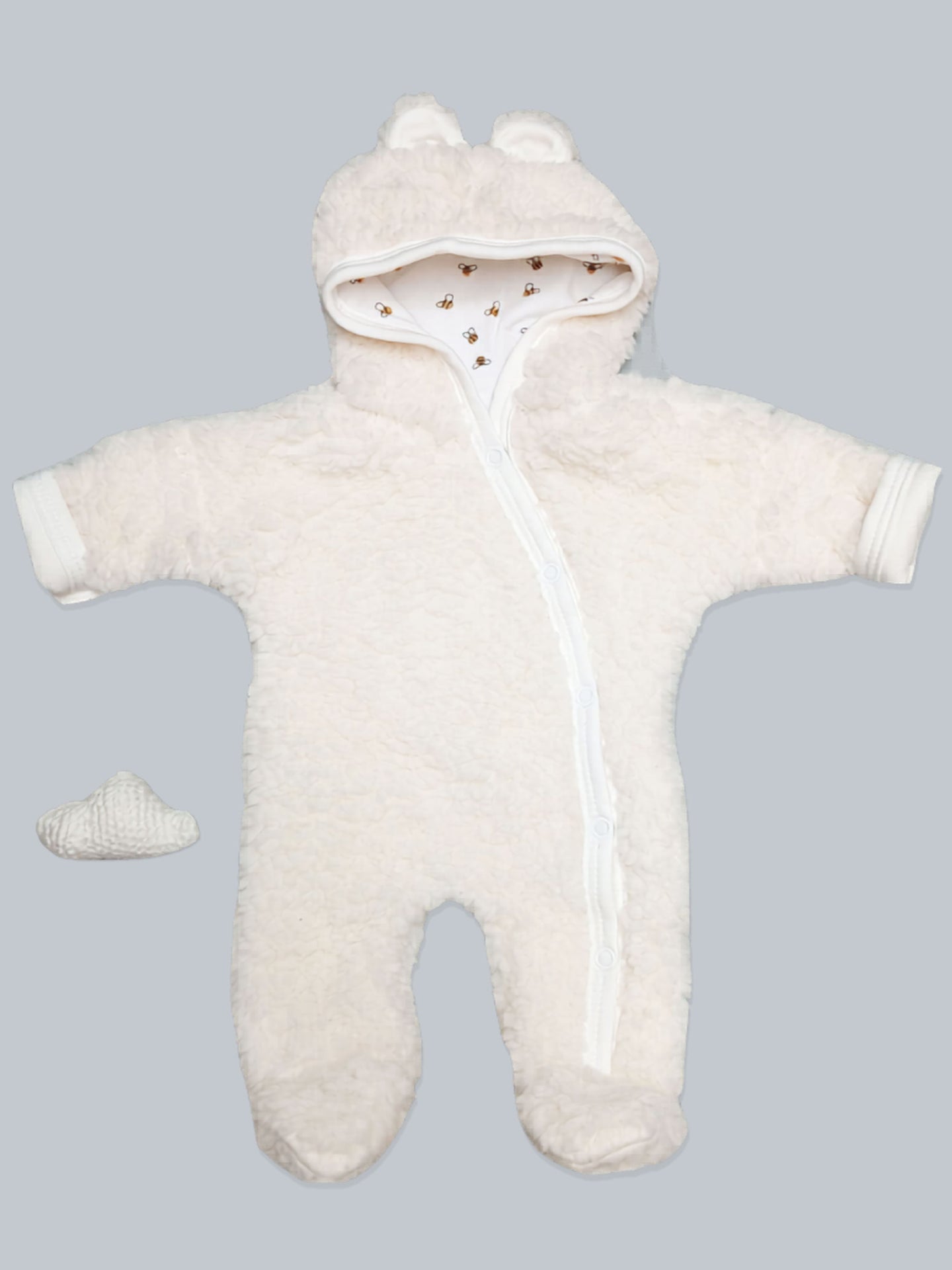 Tiny & Small Fluffy Pramsuit - Cream with Busy Bee Fabric Hood Snowsuit / Pramsuit Tiny & Small 