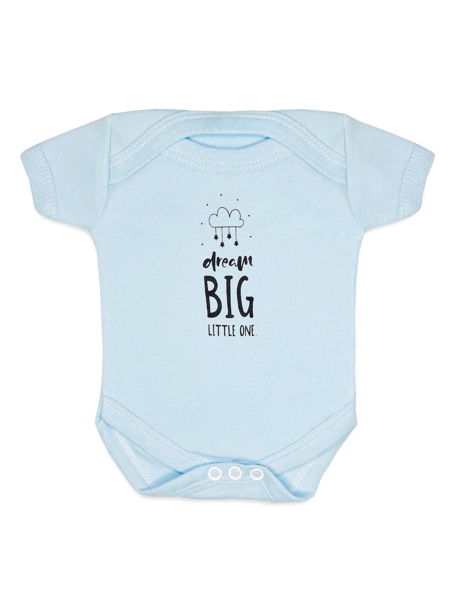 Blue "Dream Big Little One" slogan bodysuit for premature babies by Little Mouse