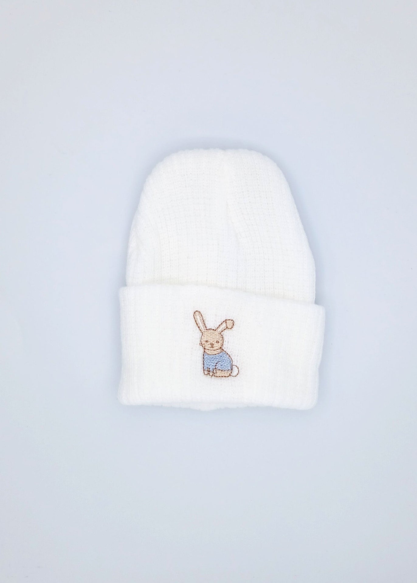Tiny Baby White Knitted Hat With Blue Rabbit Embroidery Little Mouse Baby Clothing & Gifts
